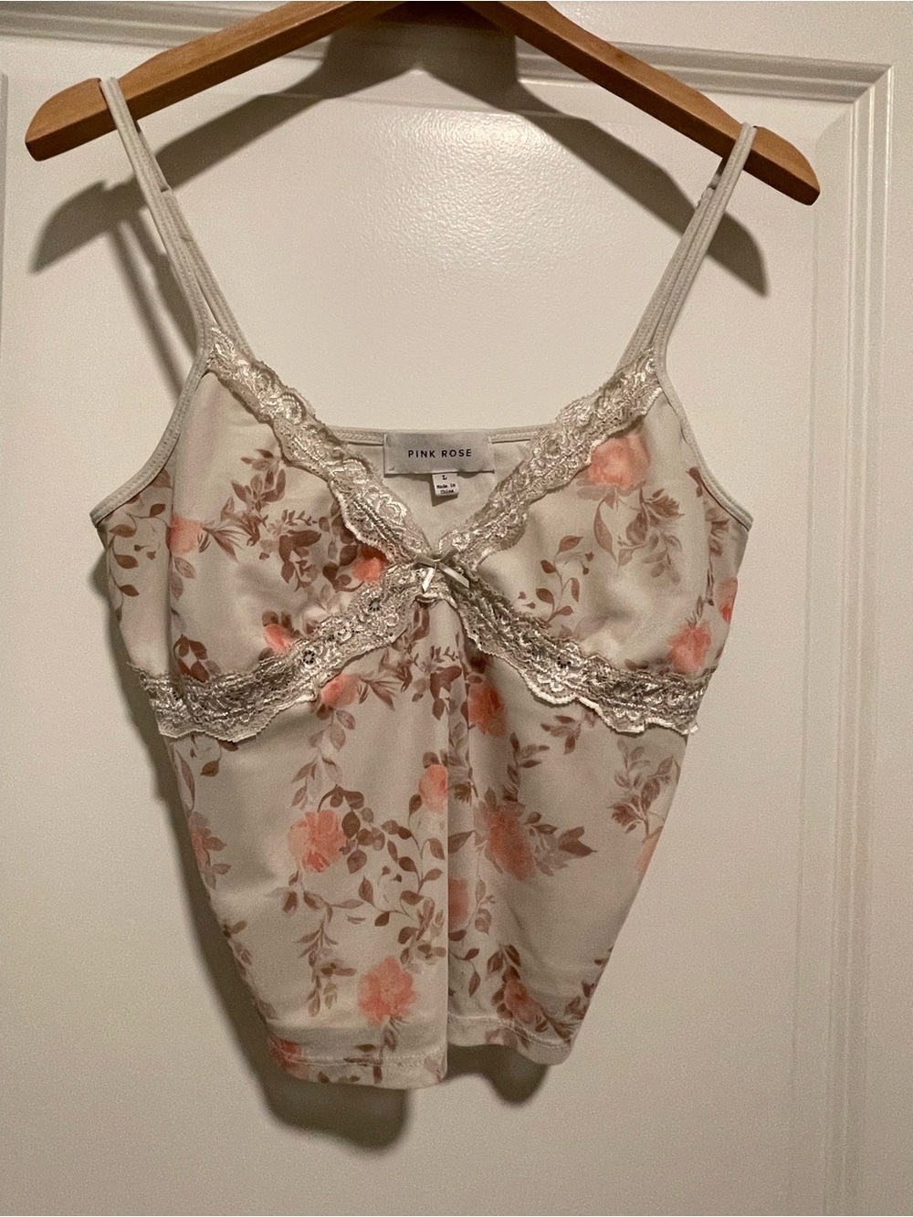 Pink Rose Cream Floral Lace Cami with Peach Blossoms
